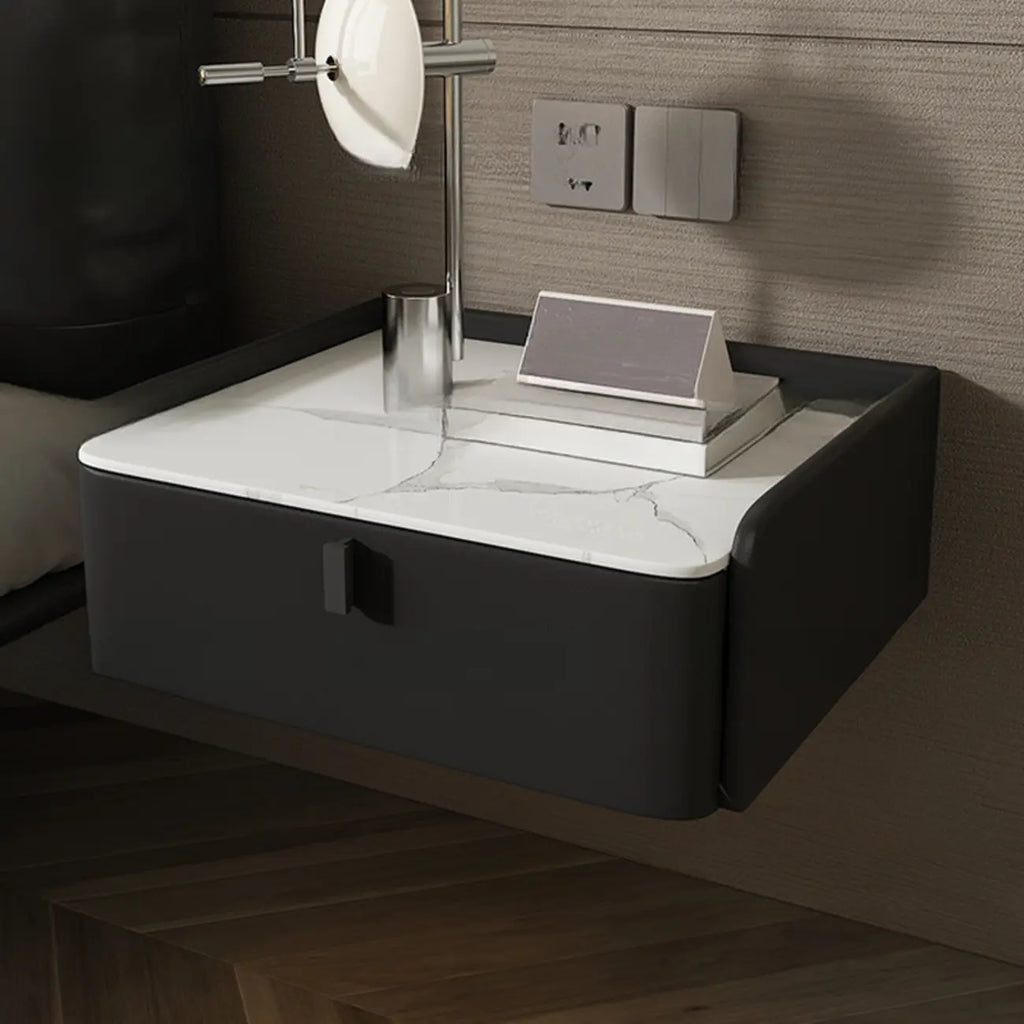 Table de chevet murale minimaliste en bois avec plateau en pierre blanche