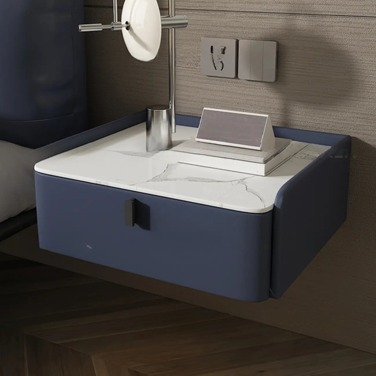 Table de chevet murale minimaliste en bois avec plateau en pierre blanche