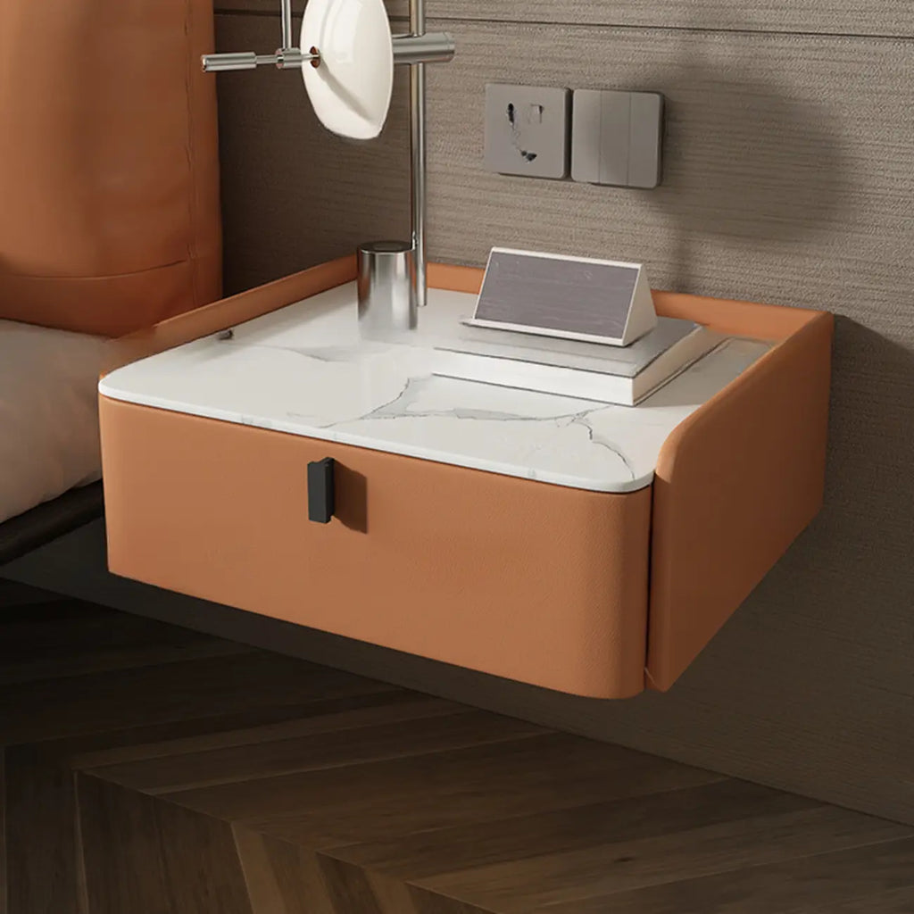Table de chevet murale minimaliste en bois avec plateau en pierre blanche