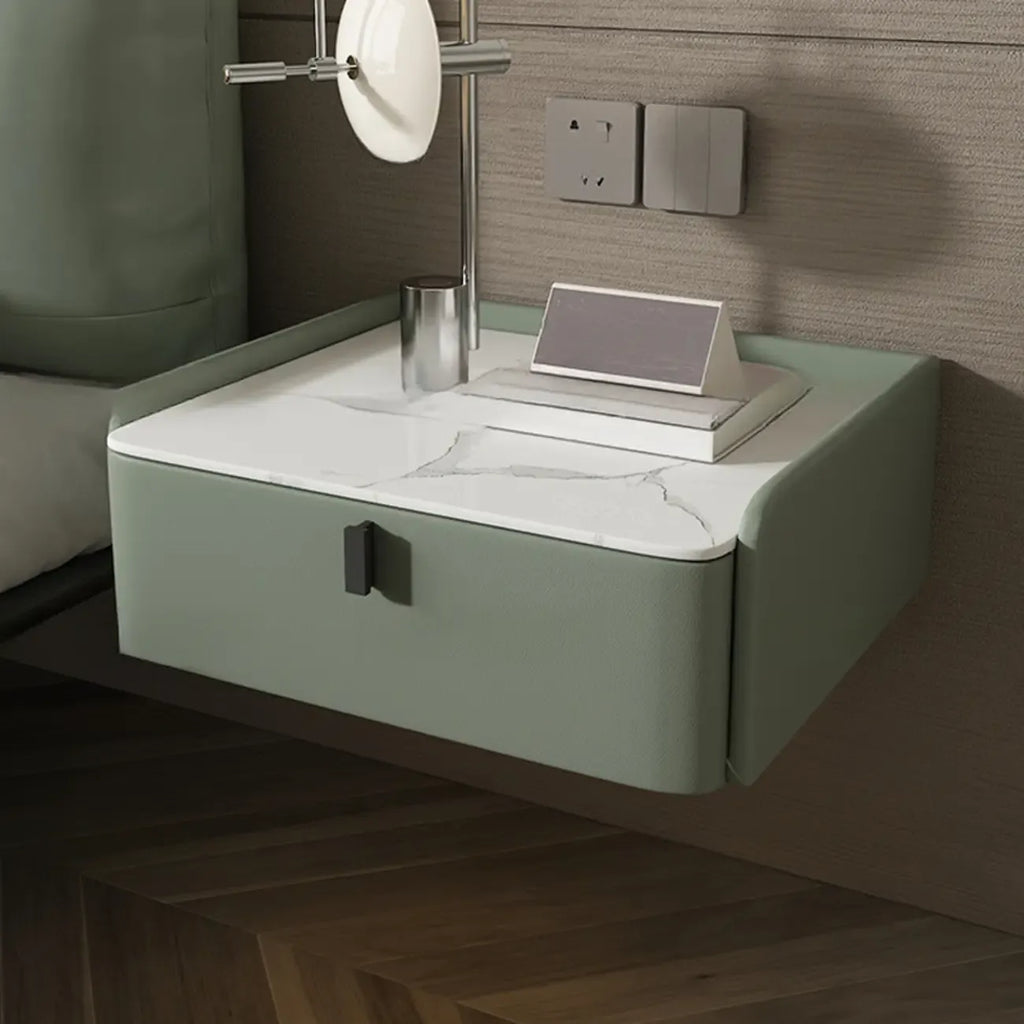 Table de chevet murale minimaliste en bois avec plateau en pierre blanche