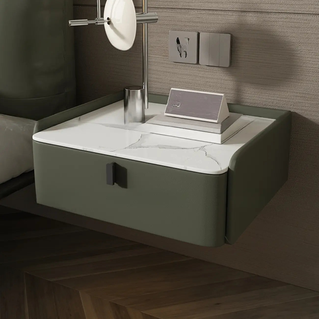 Table de chevet murale minimaliste en bois avec plateau en pierre blanche