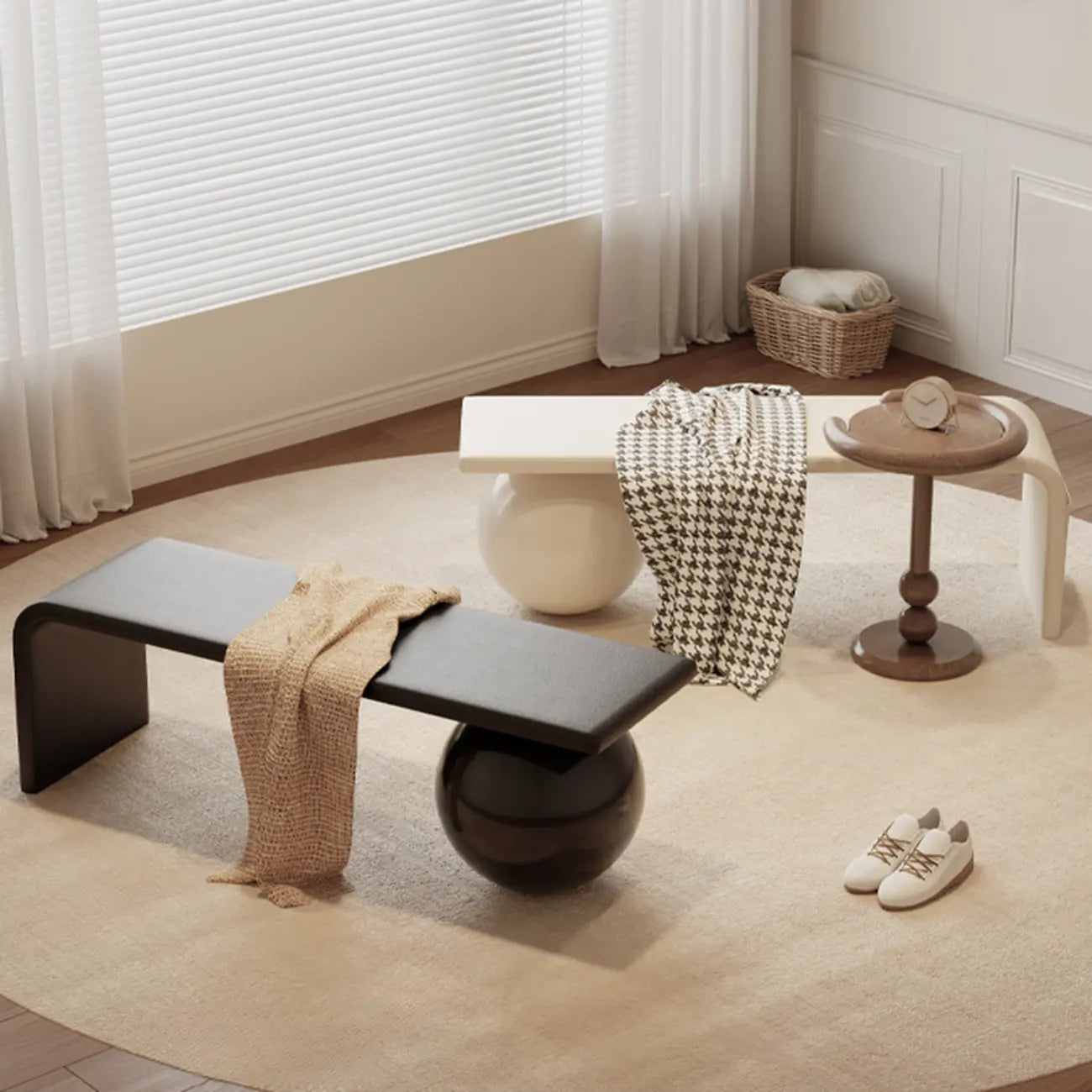Banc décoratif carré en bois et cuir avec coussins