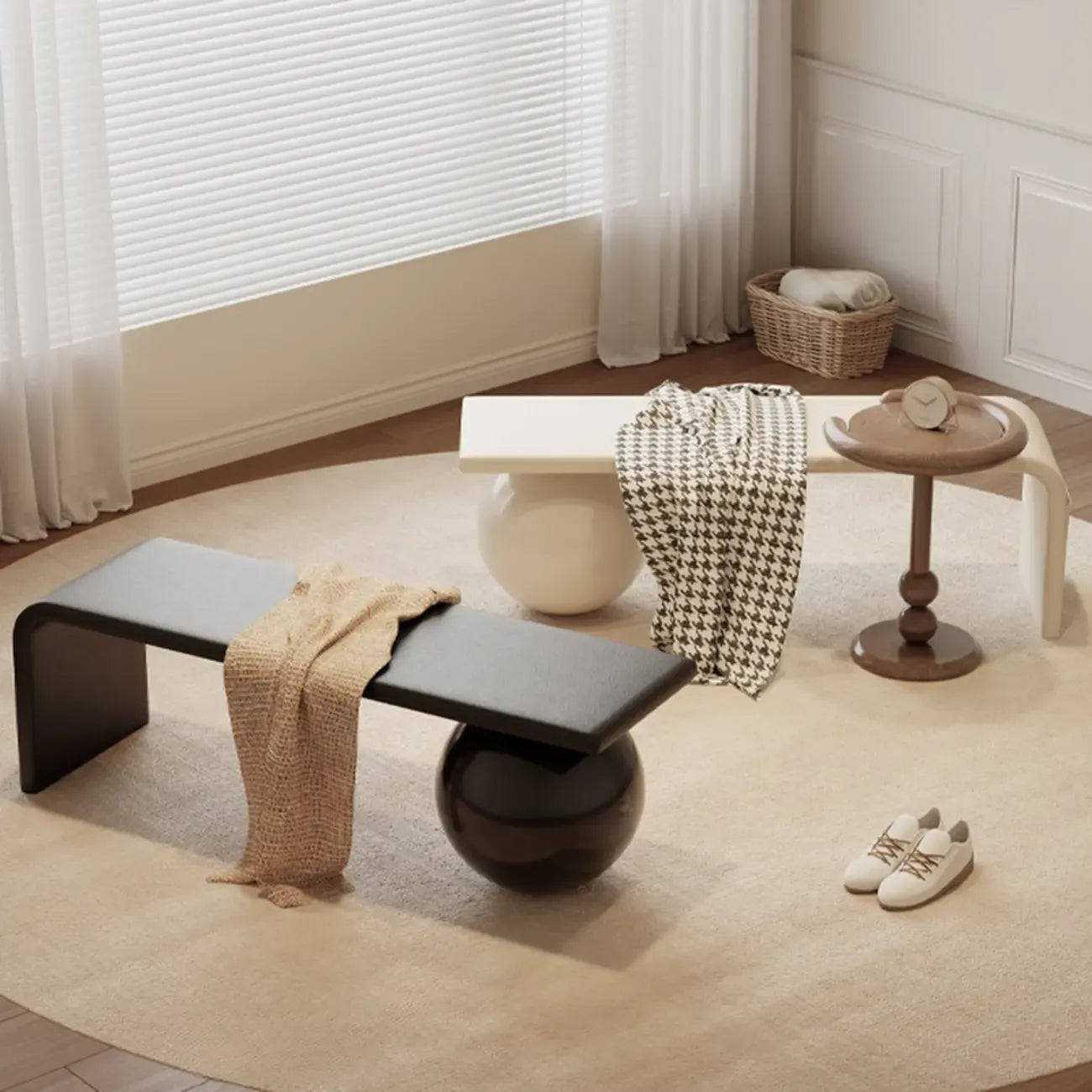 Banc décoratif carré en bois et cuir avec coussins
