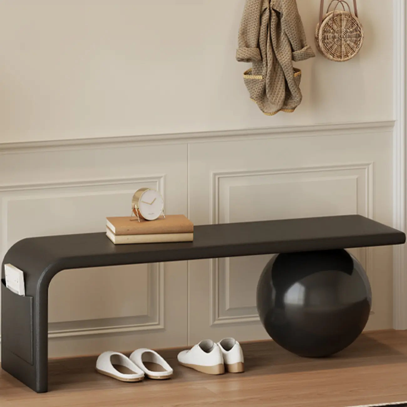 Banc décoratif carré en bois et cuir avec coussins