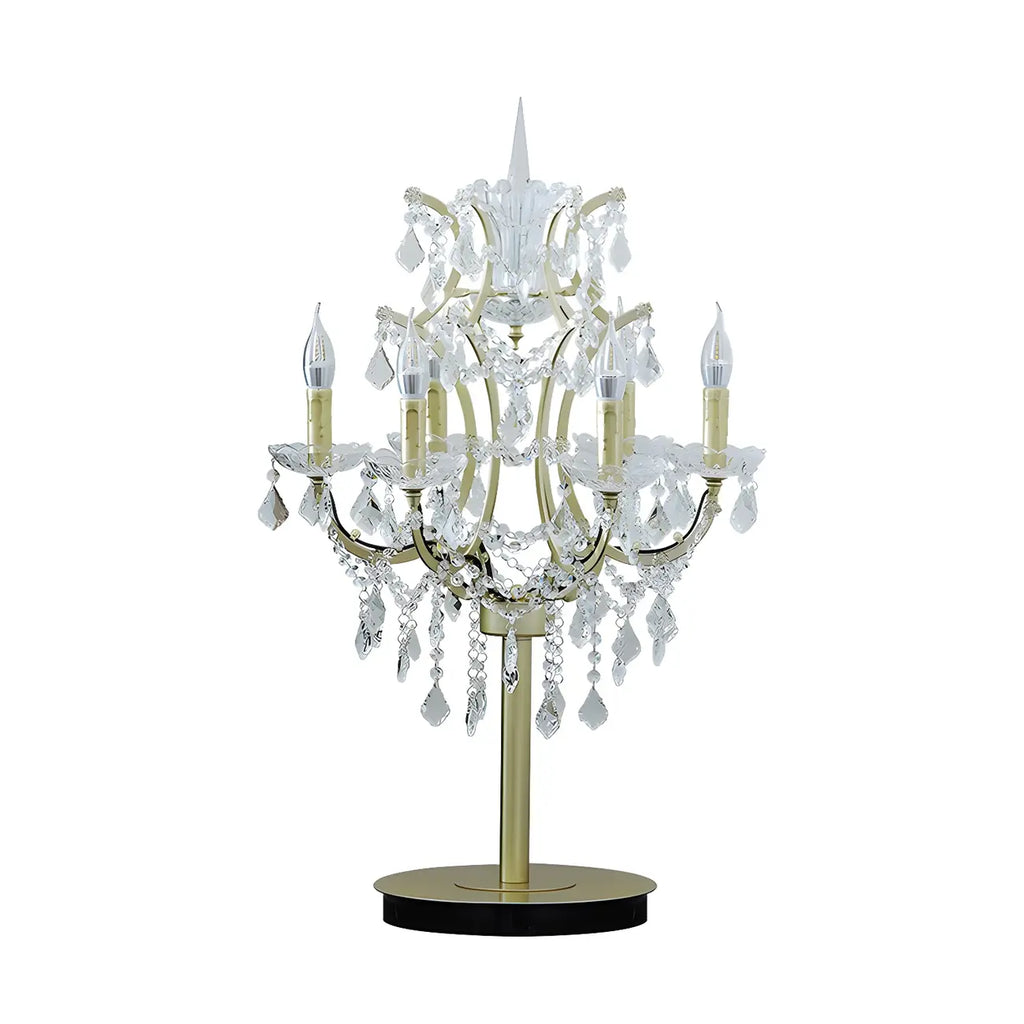 Luxueuse lampe de table en cristal doré à 6 lumières, style chandelier.