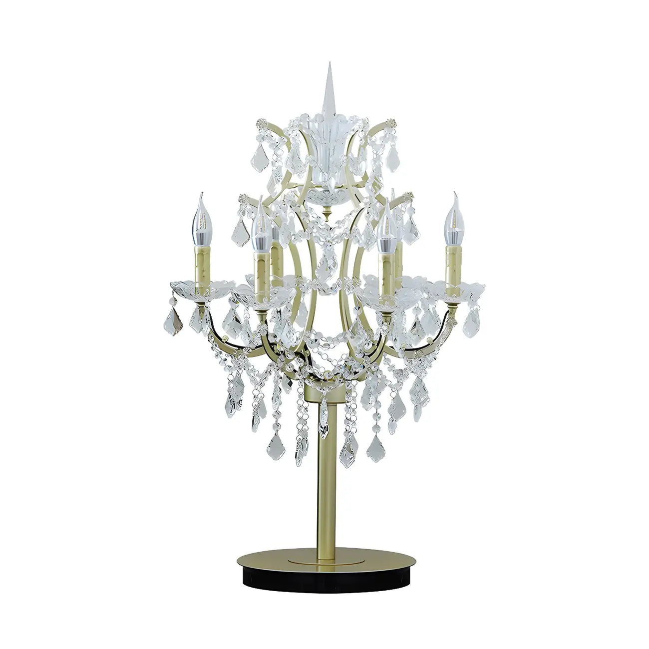 Luxueuse lampe de table en cristal doré à 6 lumières, style chandelier.
