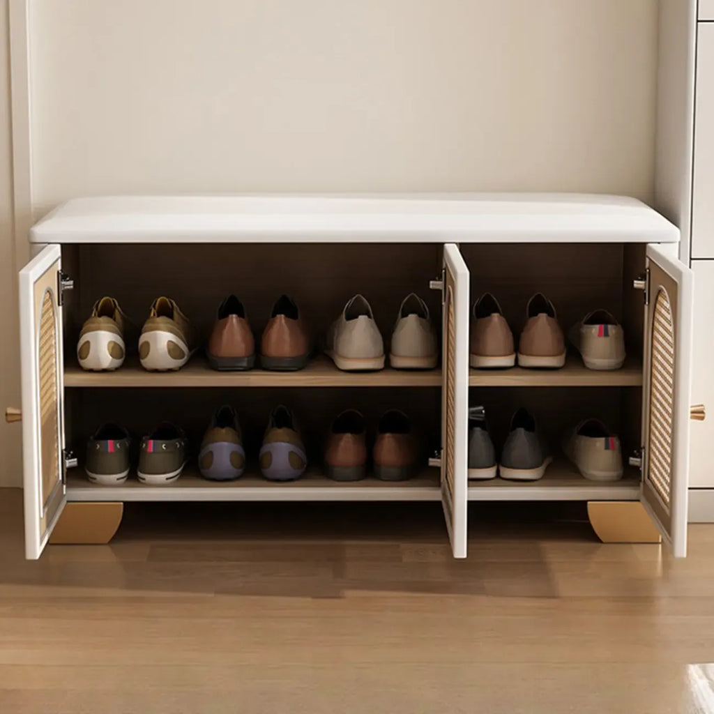Banc d'entrée cubique en bois rembourré avec portes