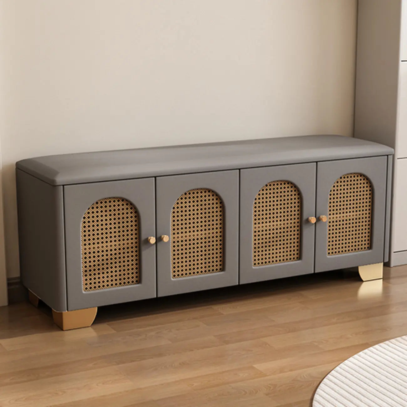 Banc d'entrée cubique en bois rembourré avec portes