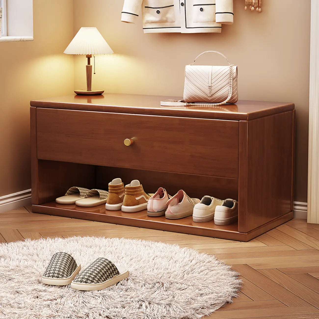 Banc d'entrée compact en noyer avec tiroir