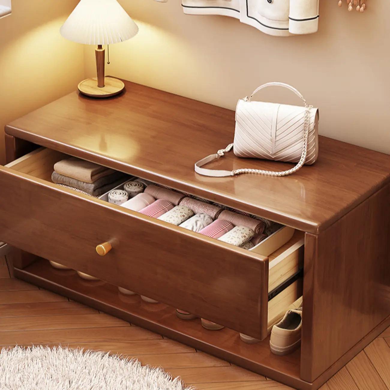 Banc d'entrée compact en noyer avec tiroir