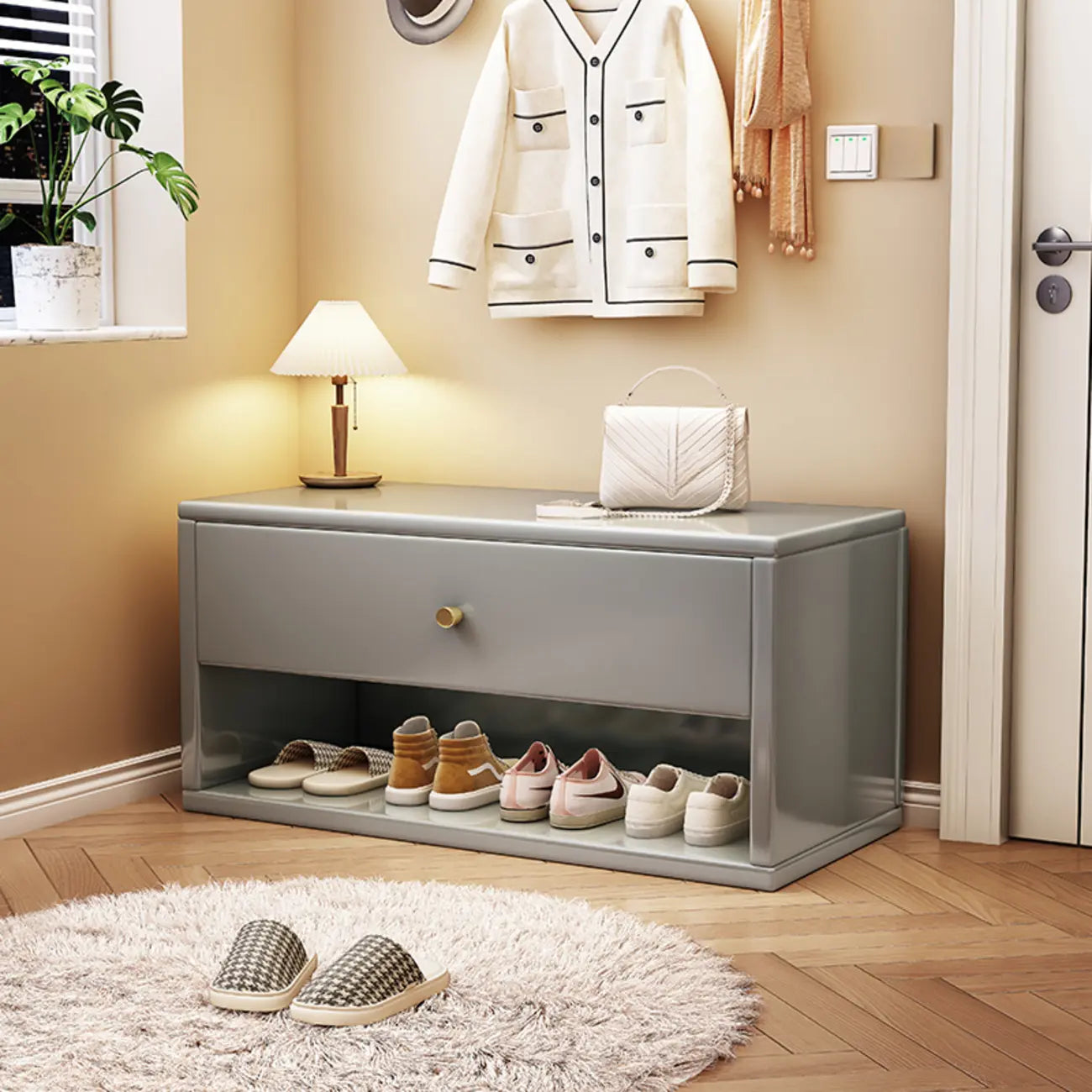 Banc d'entrée compact en noyer avec tiroir
