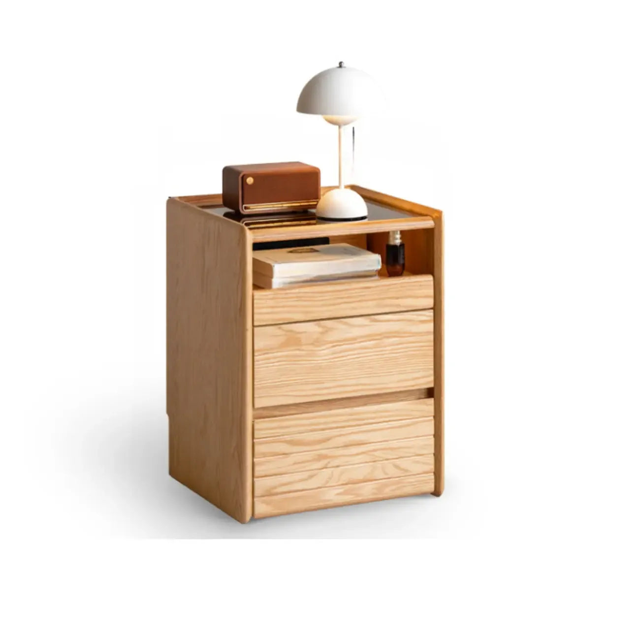 Table de chevet à plusieurs tiroirs en bois naturel avec plateau en verre
