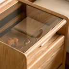 Table de chevet à plusieurs tiroirs en bois naturel avec plateau en verre