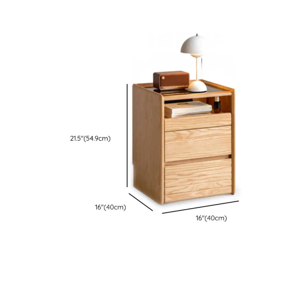 Table de chevet à plusieurs tiroirs en bois naturel avec plateau en verre