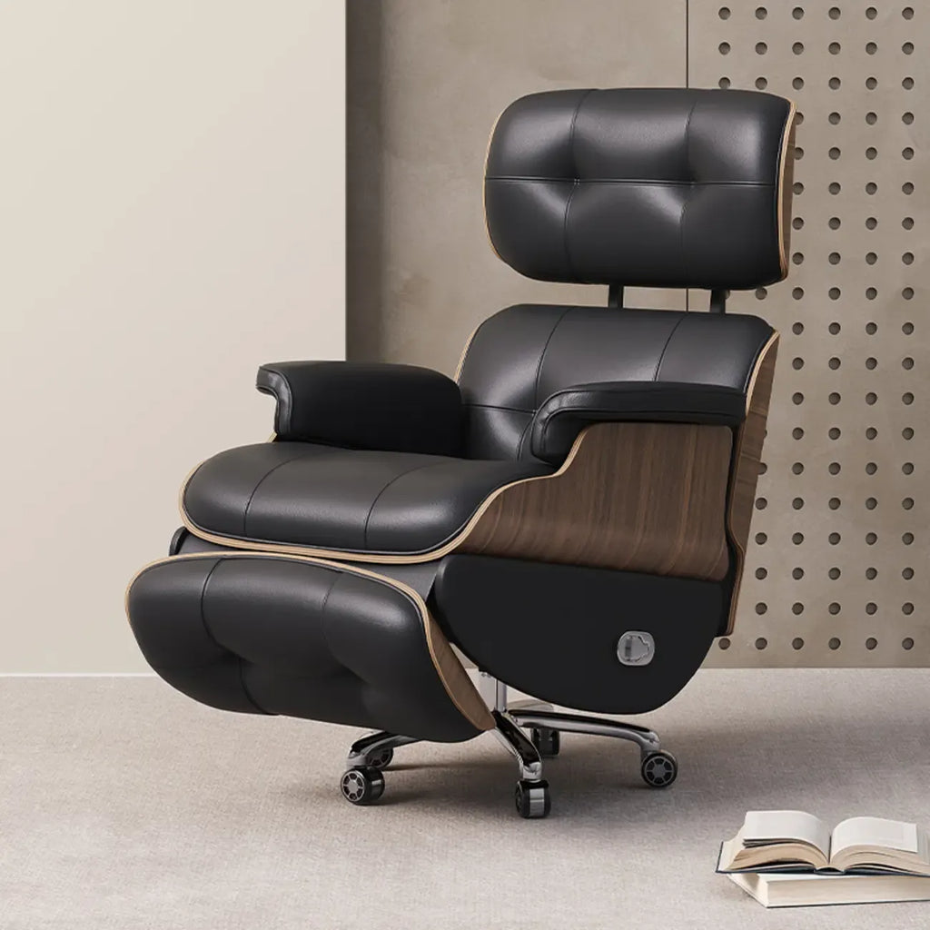 Fauteuil inclinable ergonomique pivotant en cuir marron capitonné avec massage