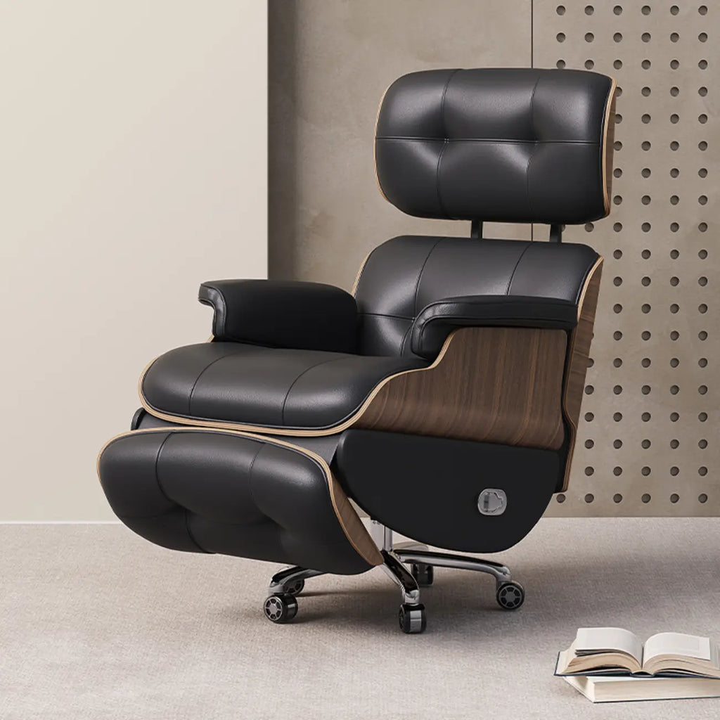 Fauteuil inclinable ergonomique pivotant en cuir marron capitonné avec massage