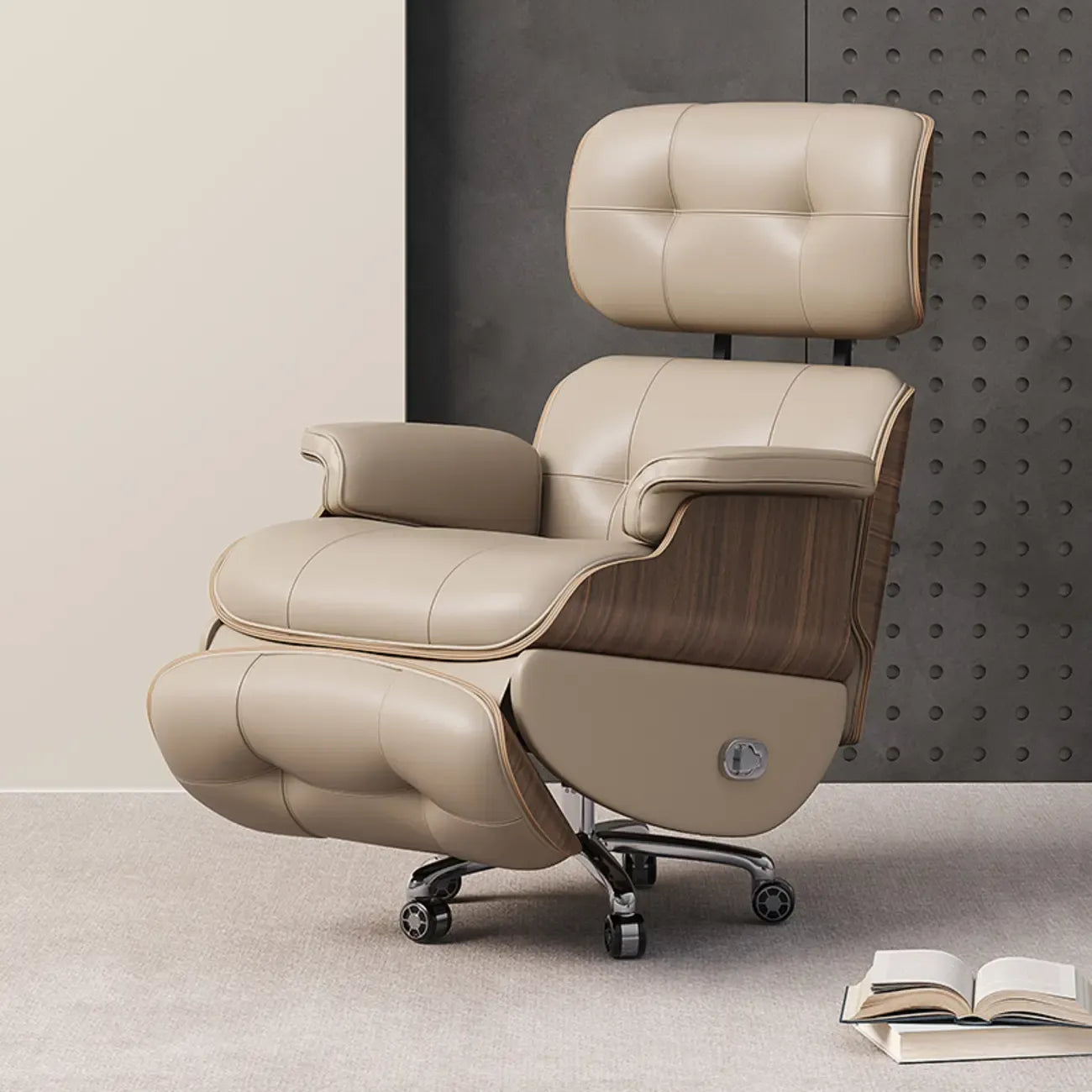 Fauteuil inclinable ergonomique pivotant en cuir marron capitonné avec massage