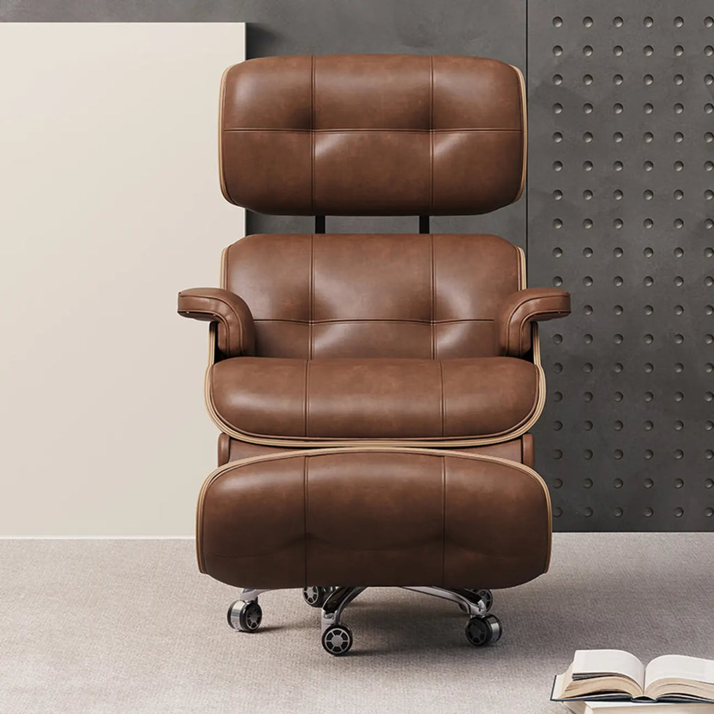 Fauteuil inclinable ergonomique pivotant en cuir marron capitonné avec massage