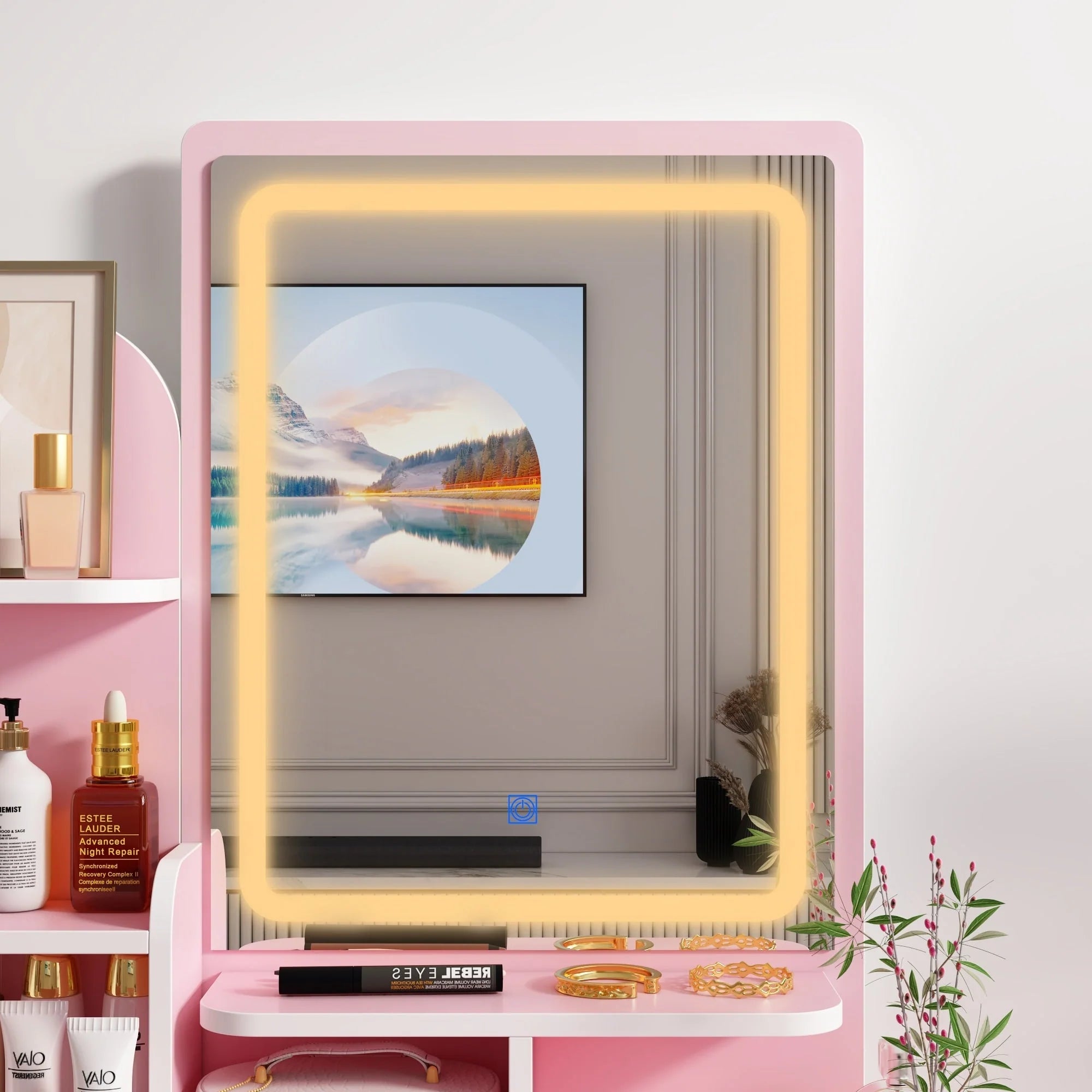 Ensemble coiffeuse avec lumière LED, miroir et tabouret