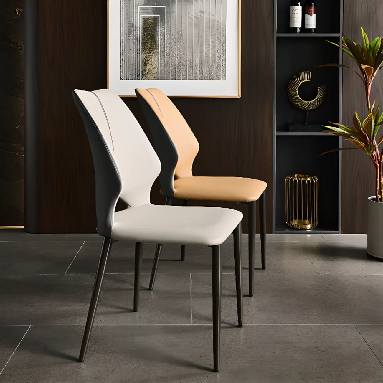 Chaise de salle à manger moderne sans accoudoirs, dossier ouvert, en similicuir.