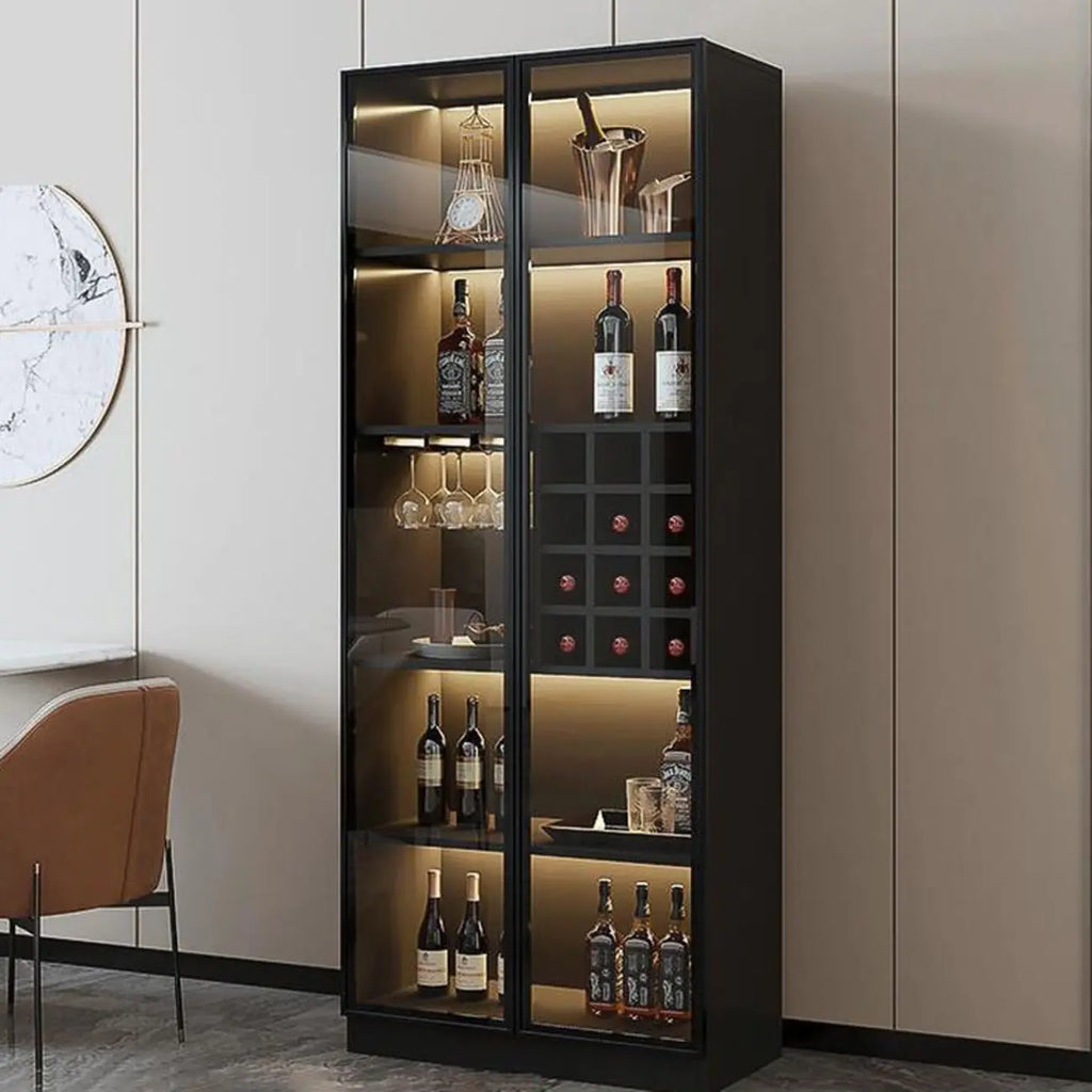 Armoire à vin autoportante en bois noir avec porte vitrée