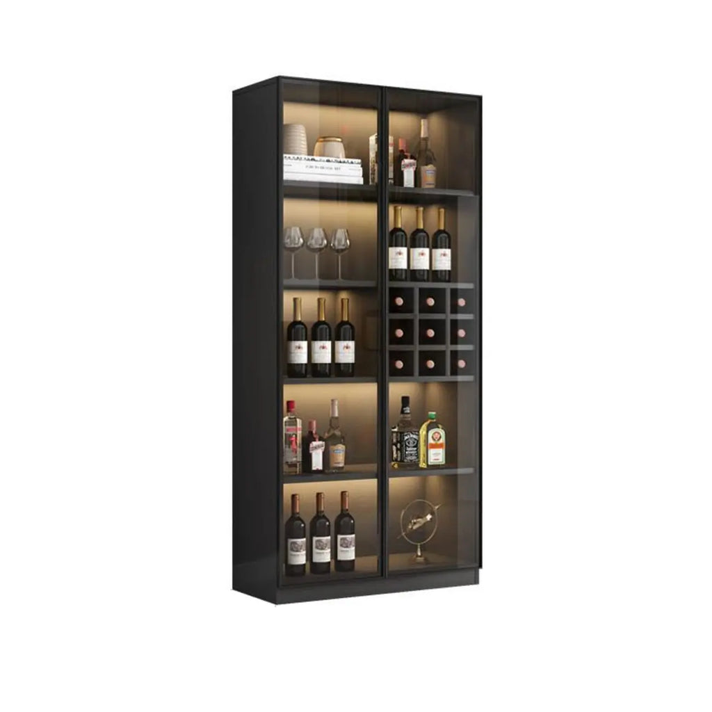 Armoire à vin autoportante en bois noir avec porte vitrée