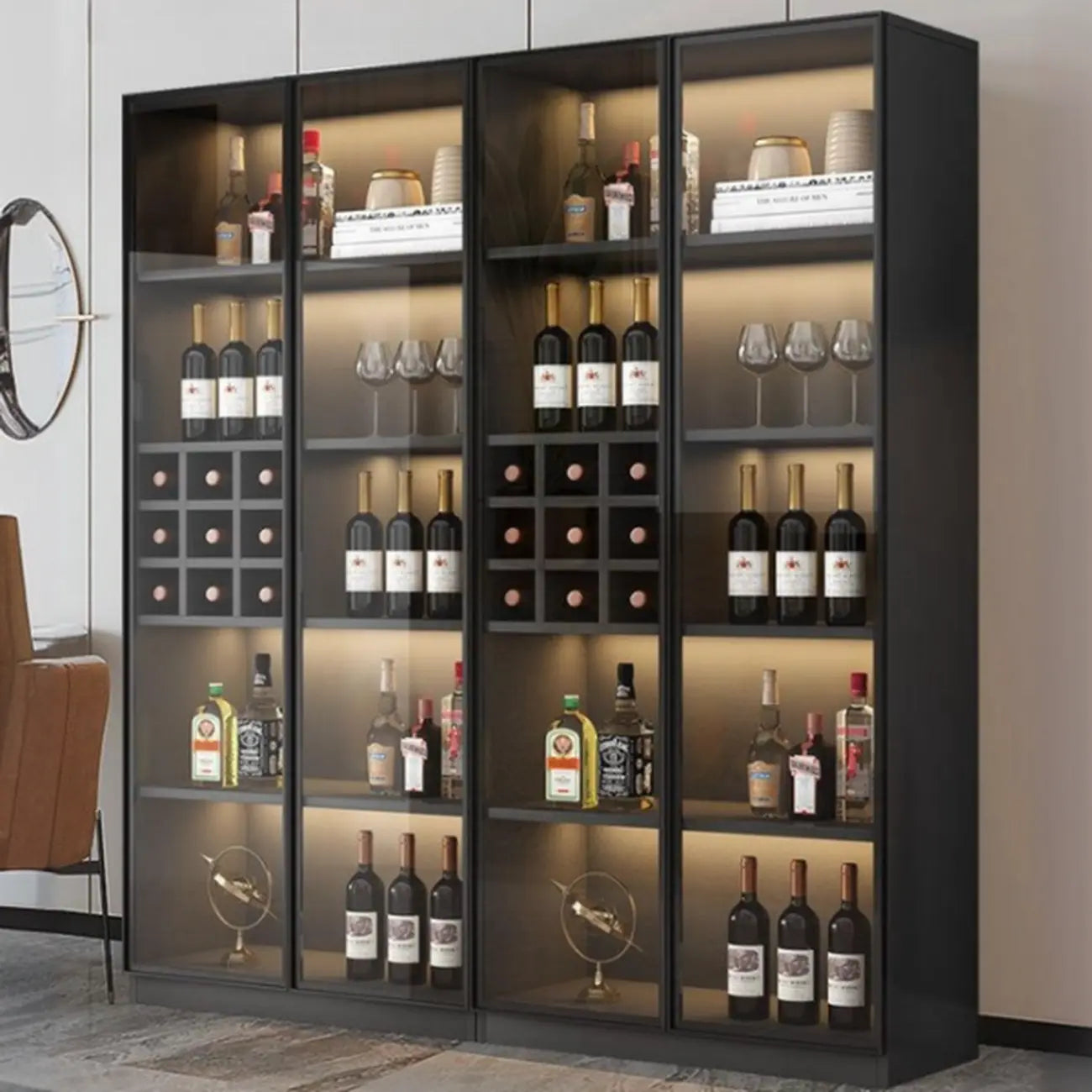 Armoire à vin autoportante en bois noir avec porte vitrée