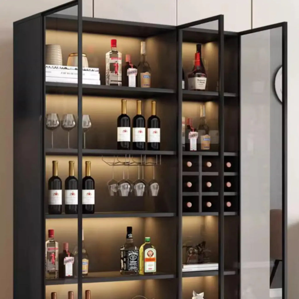 Armoire à vin autoportante en bois noir avec porte vitrée