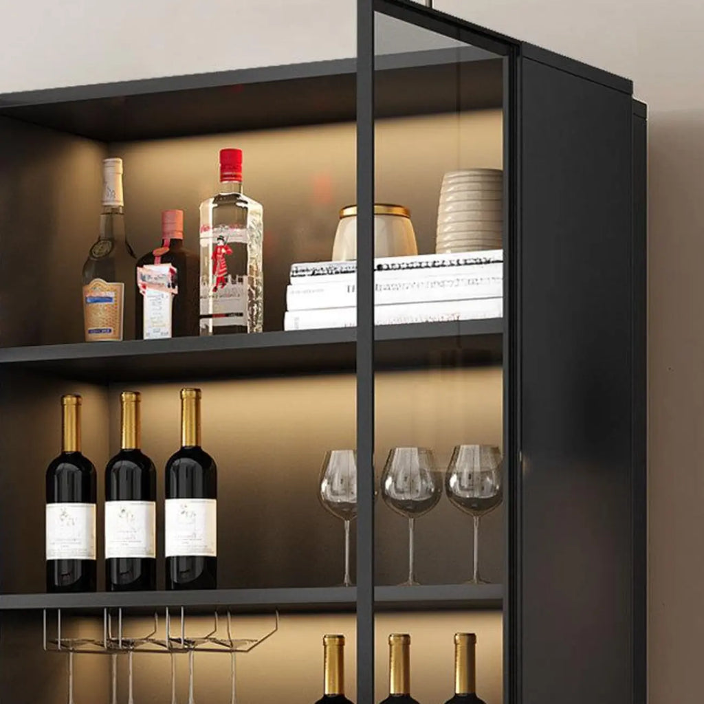 Armoire à vin autoportante en bois noir avec porte vitrée