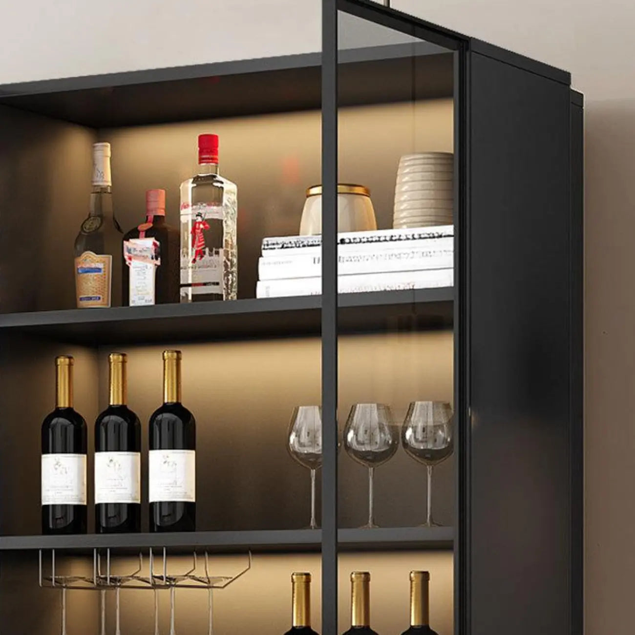 Armoire à vin autoportante en bois noir avec porte vitrée