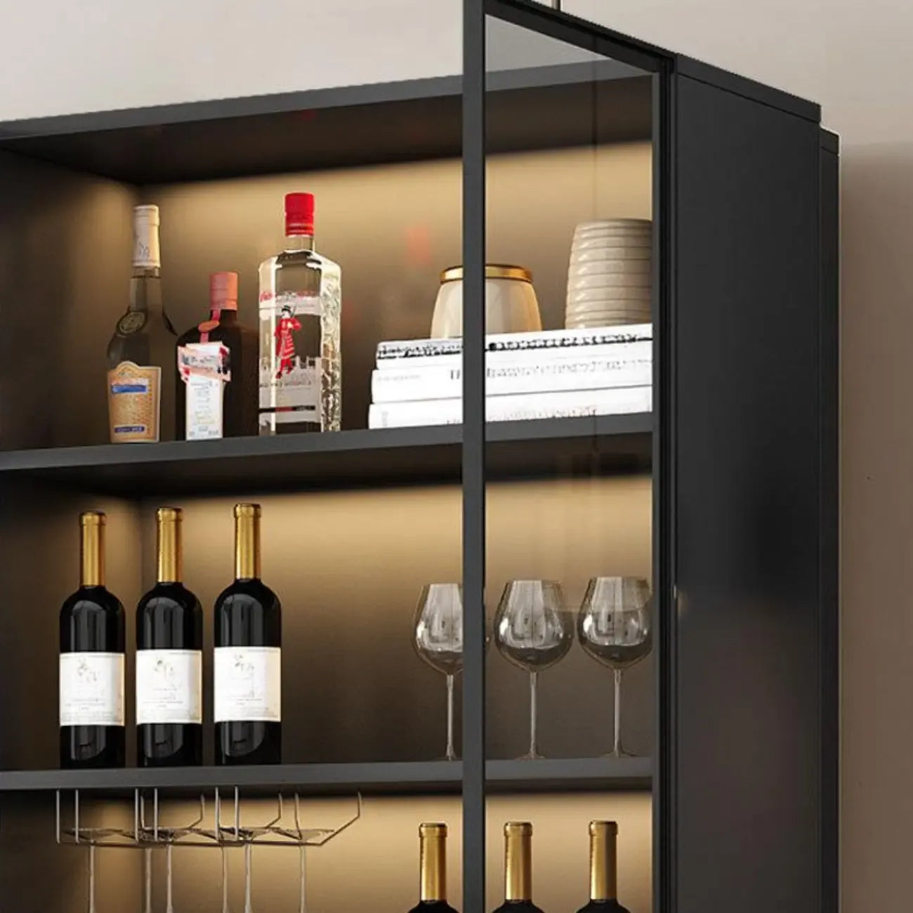 Armoire à vin autoportante en bois noir avec porte vitrée