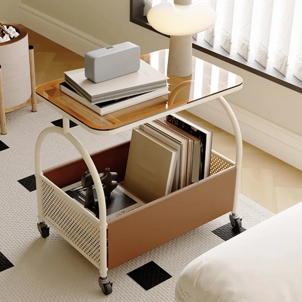 Table d'appoint de rangement avec plateau en verre brun et roulettes