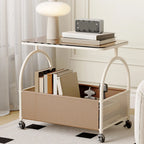 Table d'appoint de rangement avec plateau en verre brun et roulettes