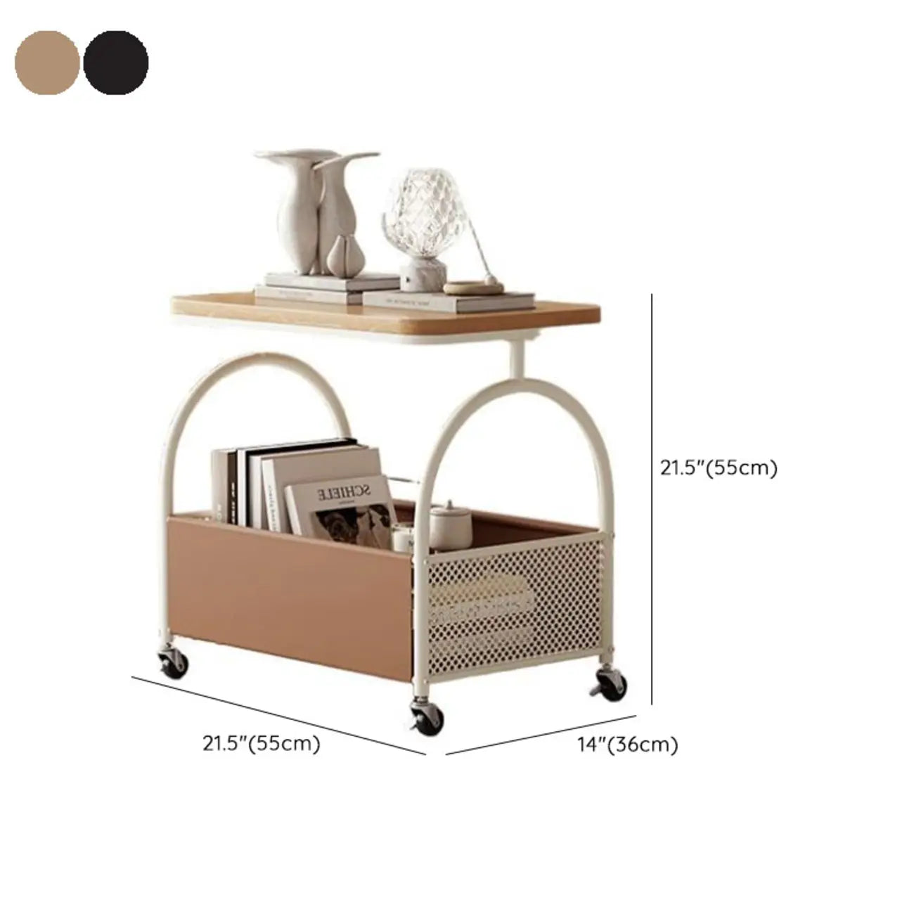 Table d'appoint de rangement avec plateau en verre brun et roulettes