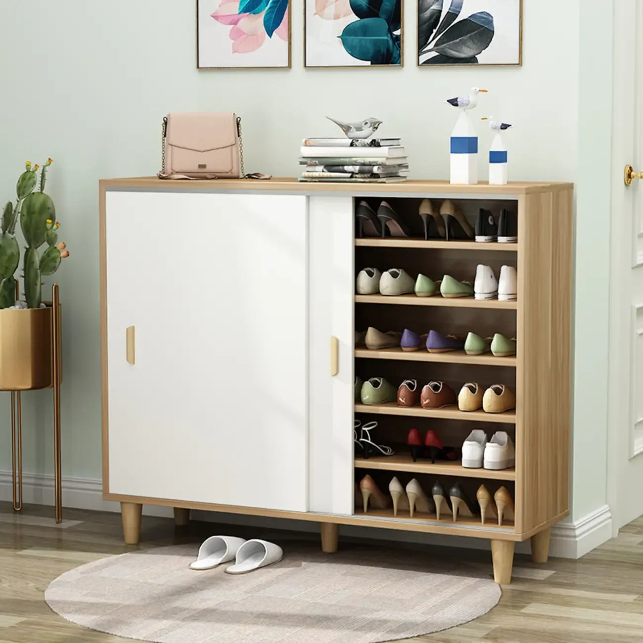 Meuble à chaussures indépendant et spacieux à six niveaux avec porte coulissante en bois