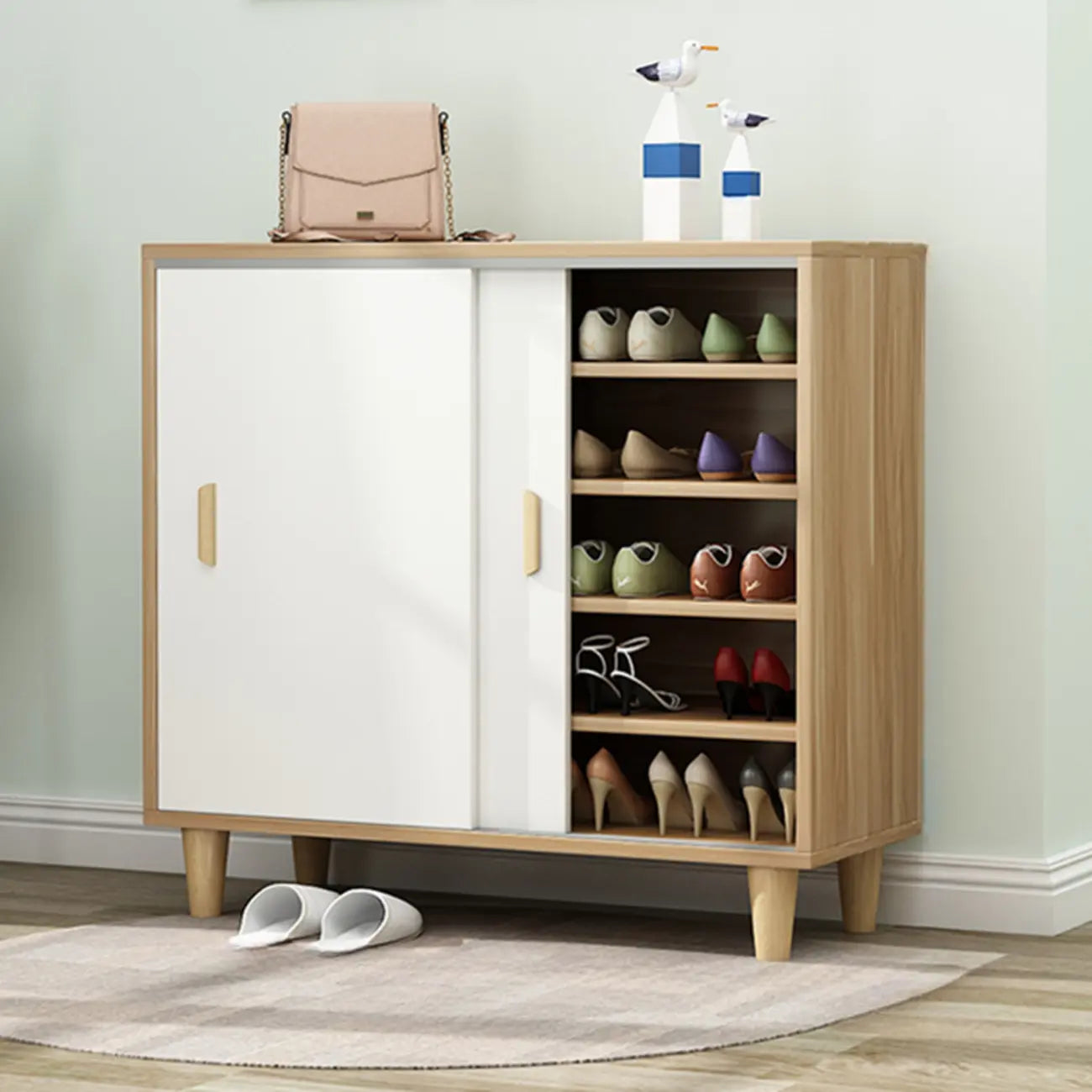 Meuble à chaussures indépendant et spacieux à six niveaux avec porte coulissante en bois