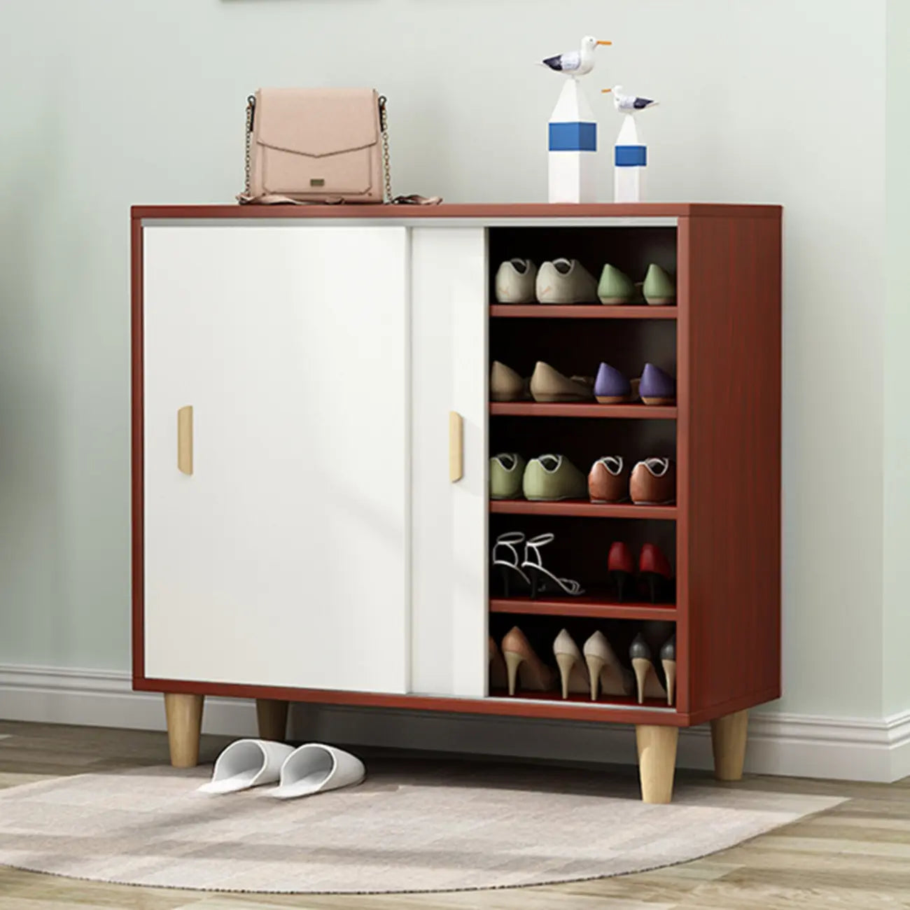 Meuble à chaussures indépendant et spacieux à six niveaux avec porte coulissante en bois
