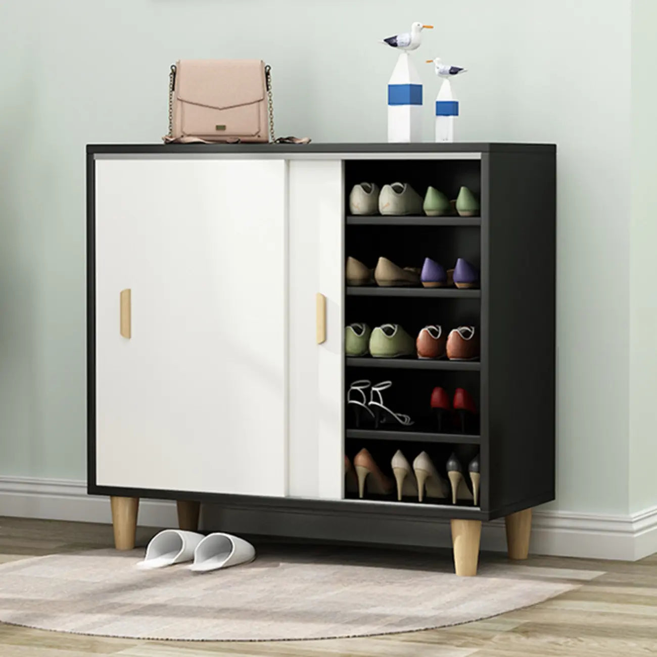 Meuble à chaussures indépendant et spacieux à six niveaux avec porte coulissante en bois