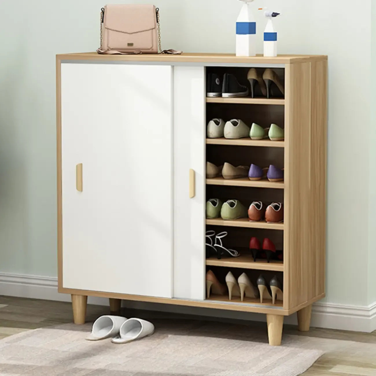 Meuble à chaussures indépendant et spacieux à six niveaux avec porte coulissante en bois