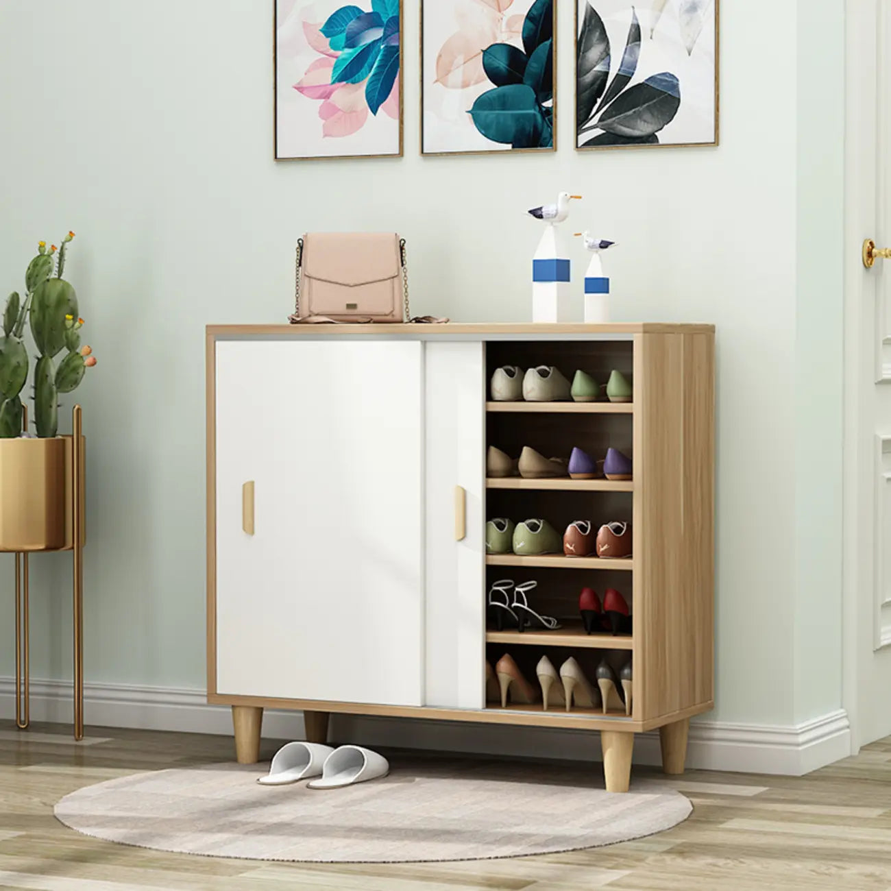 Meuble à chaussures indépendant et spacieux à six niveaux avec porte coulissante en bois