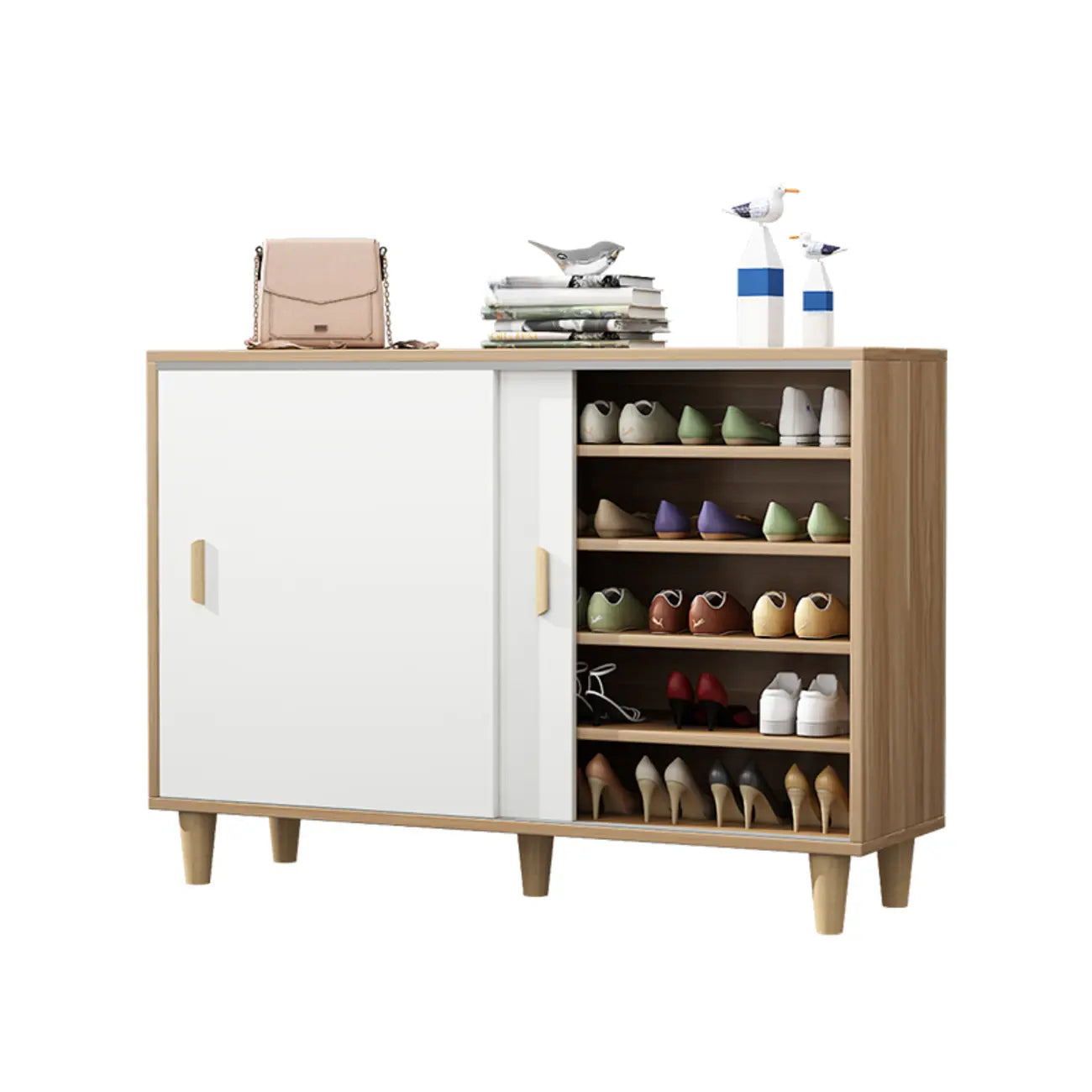 Meuble à chaussures indépendant et spacieux à six niveaux avec porte coulissante en bois
