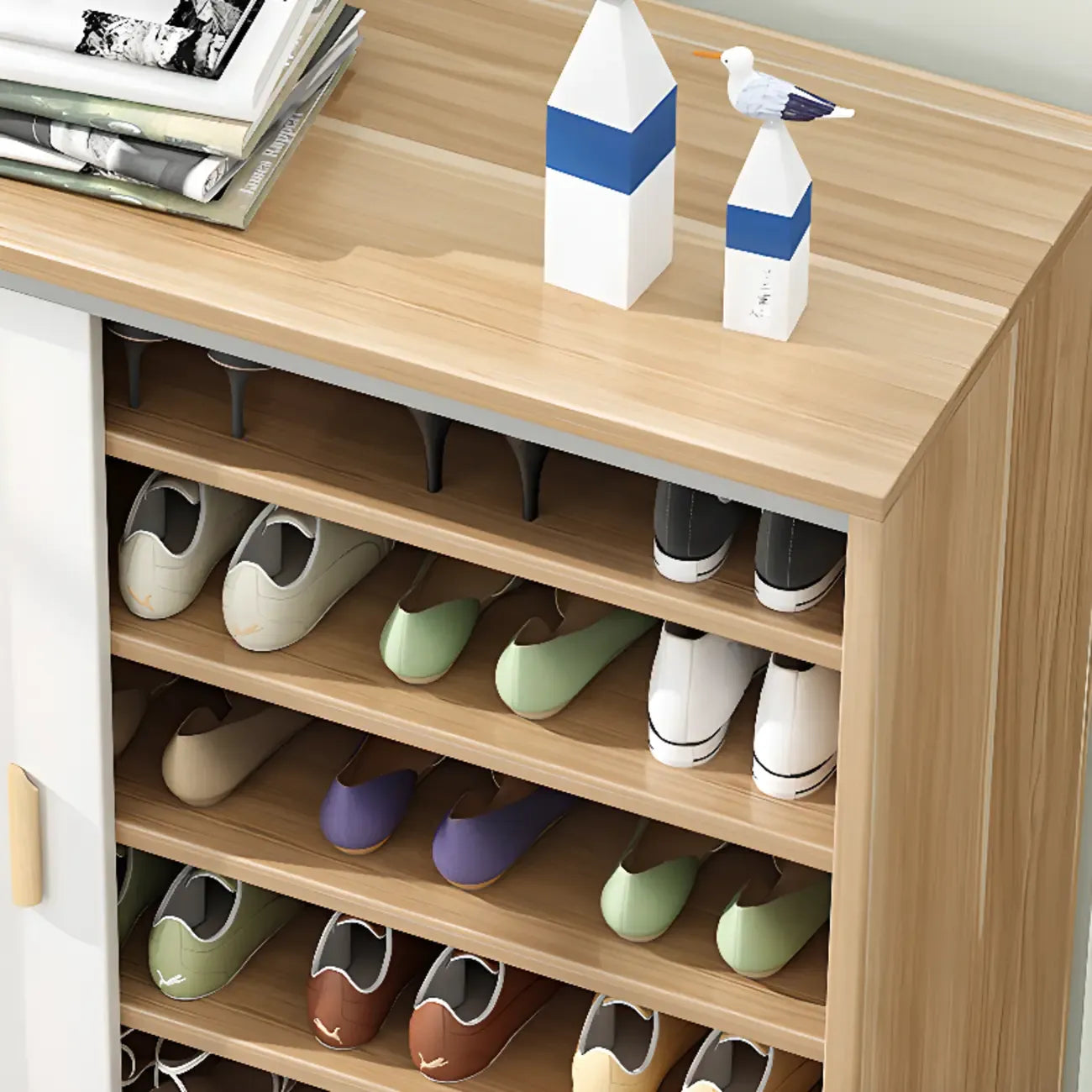 Meuble à chaussures indépendant et spacieux à six niveaux avec porte coulissante en bois