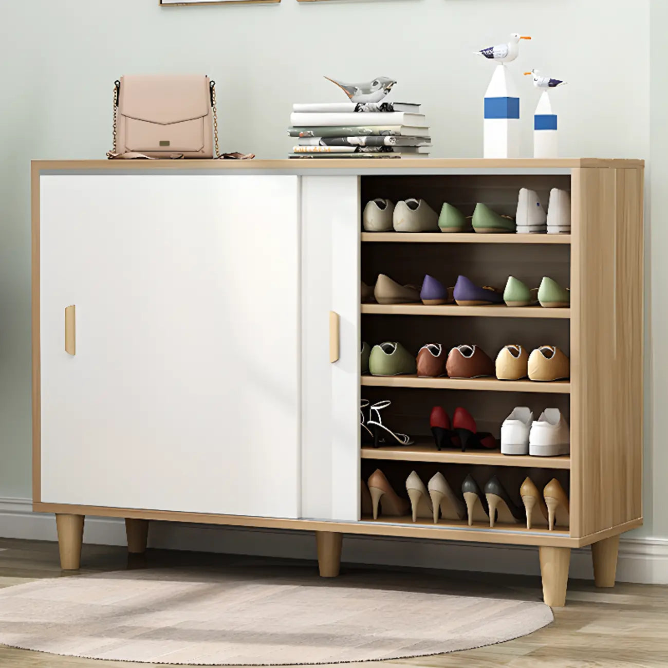 Meuble à chaussures indépendant et spacieux à six niveaux avec porte coulissante en bois
