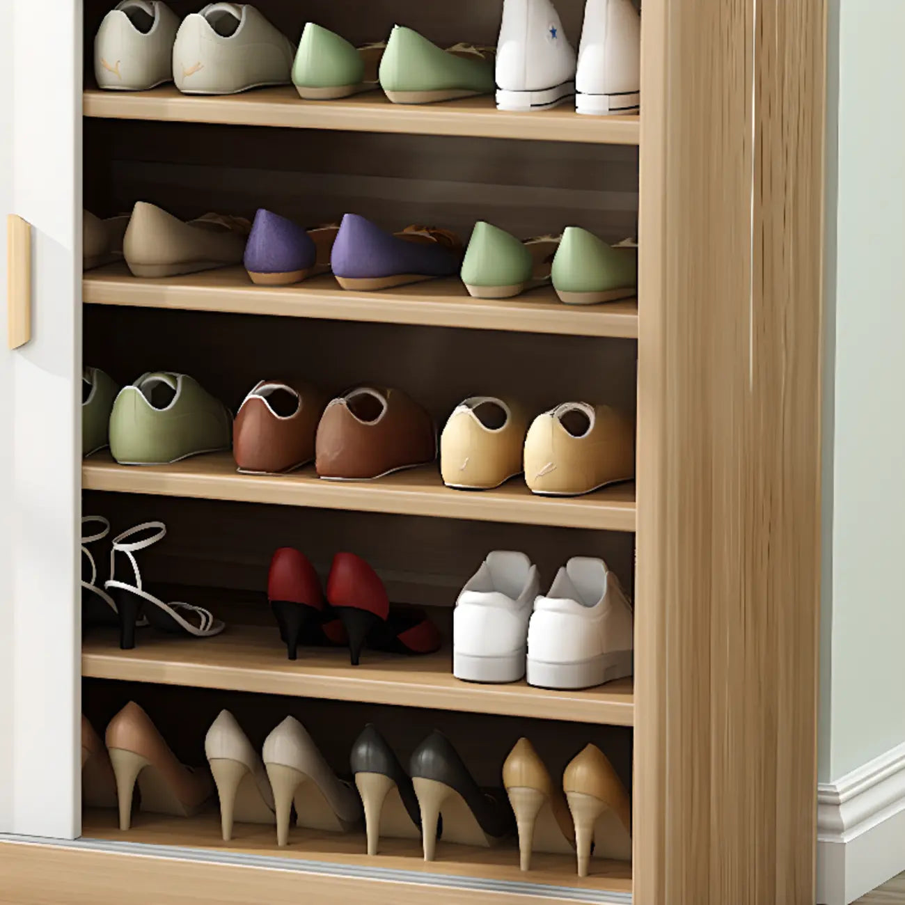 Meuble à chaussures indépendant et spacieux à six niveaux avec porte coulissante en bois