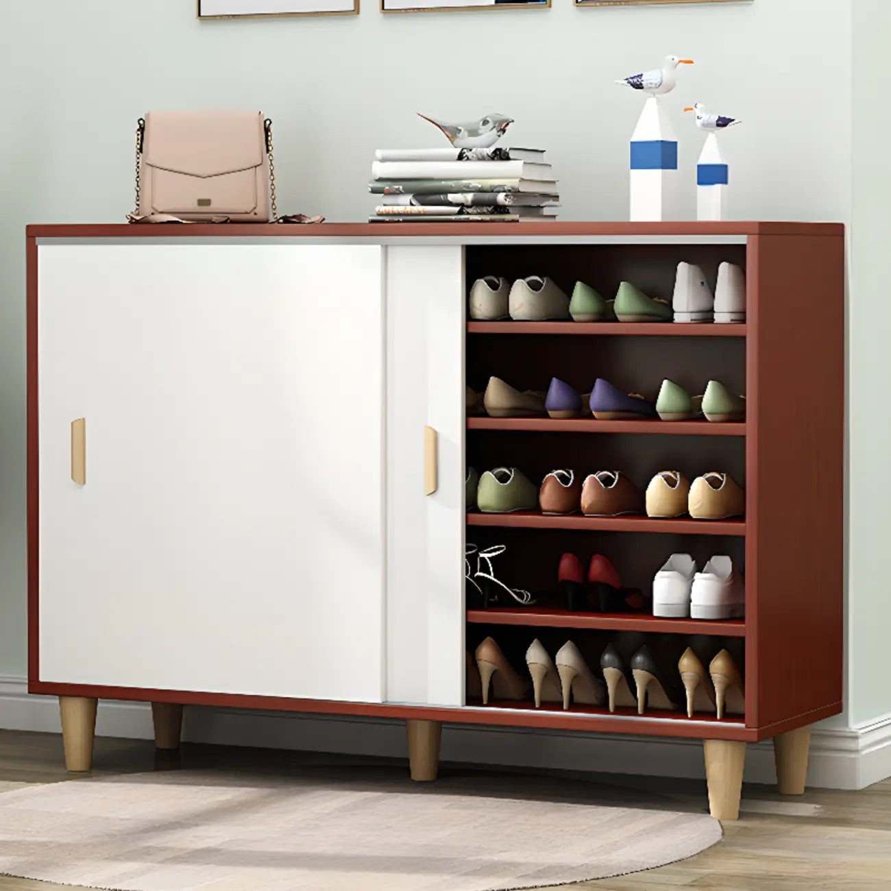 Meuble à chaussures indépendant et spacieux à six niveaux avec porte coulissante en bois