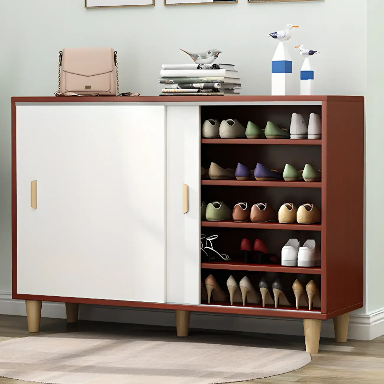 Meuble à chaussures indépendant et spacieux à six niveaux avec porte coulissante en bois