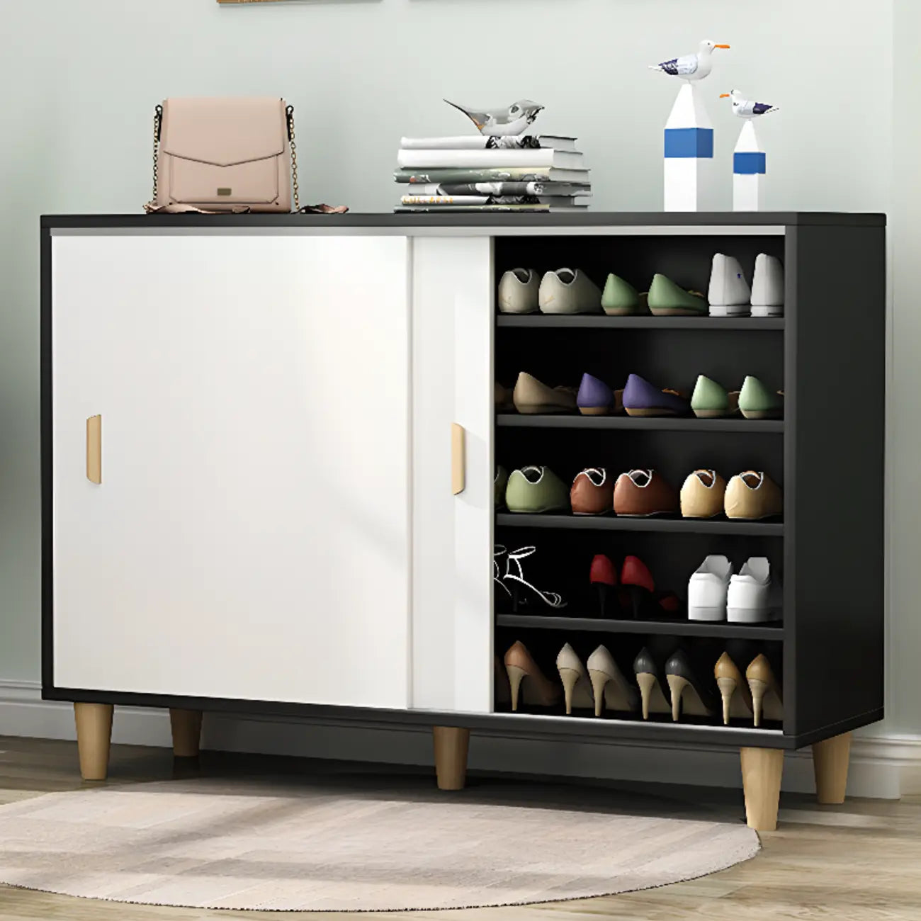 Meuble à chaussures indépendant et spacieux à six niveaux avec porte coulissante en bois