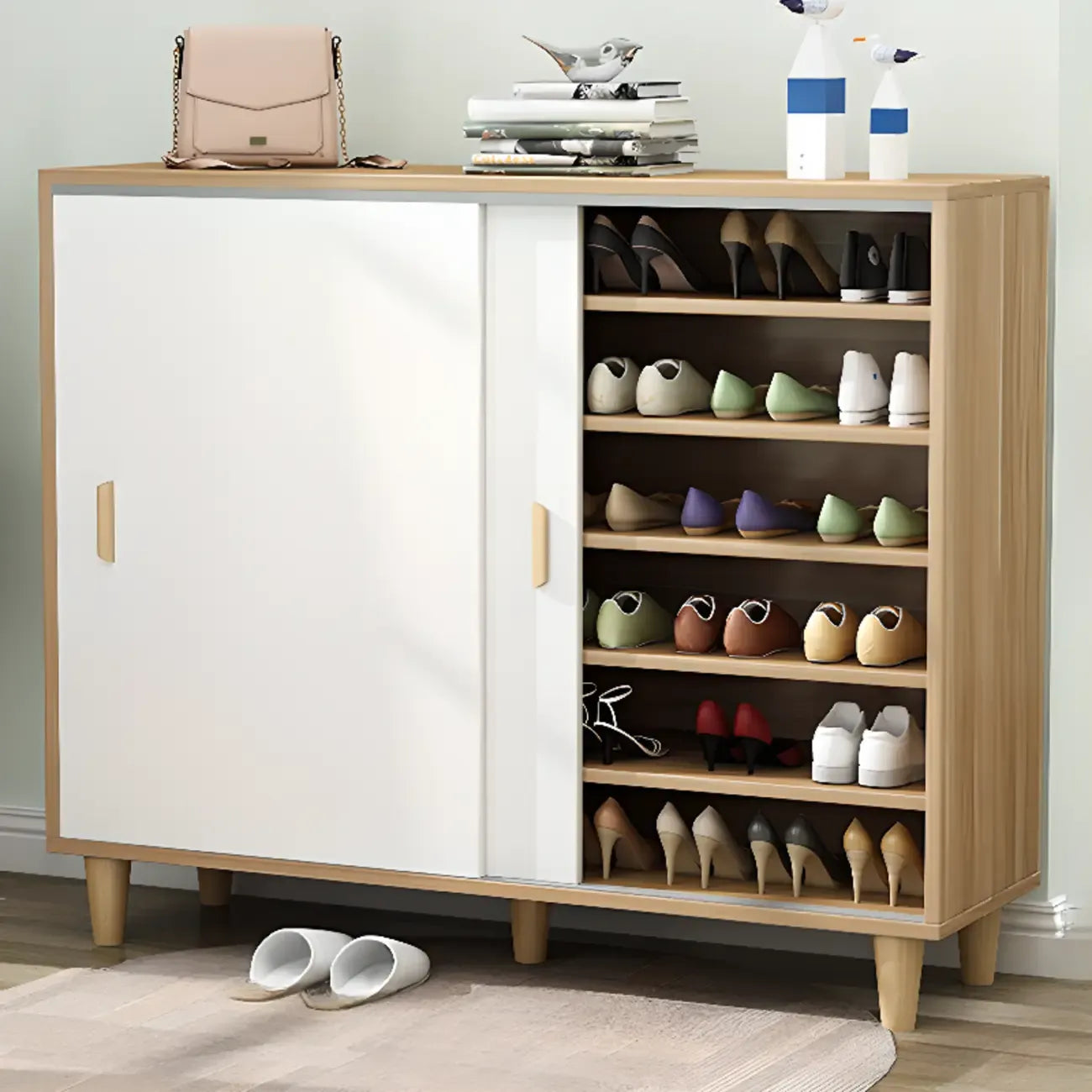 Meuble à chaussures indépendant et spacieux à six niveaux avec porte coulissante en bois