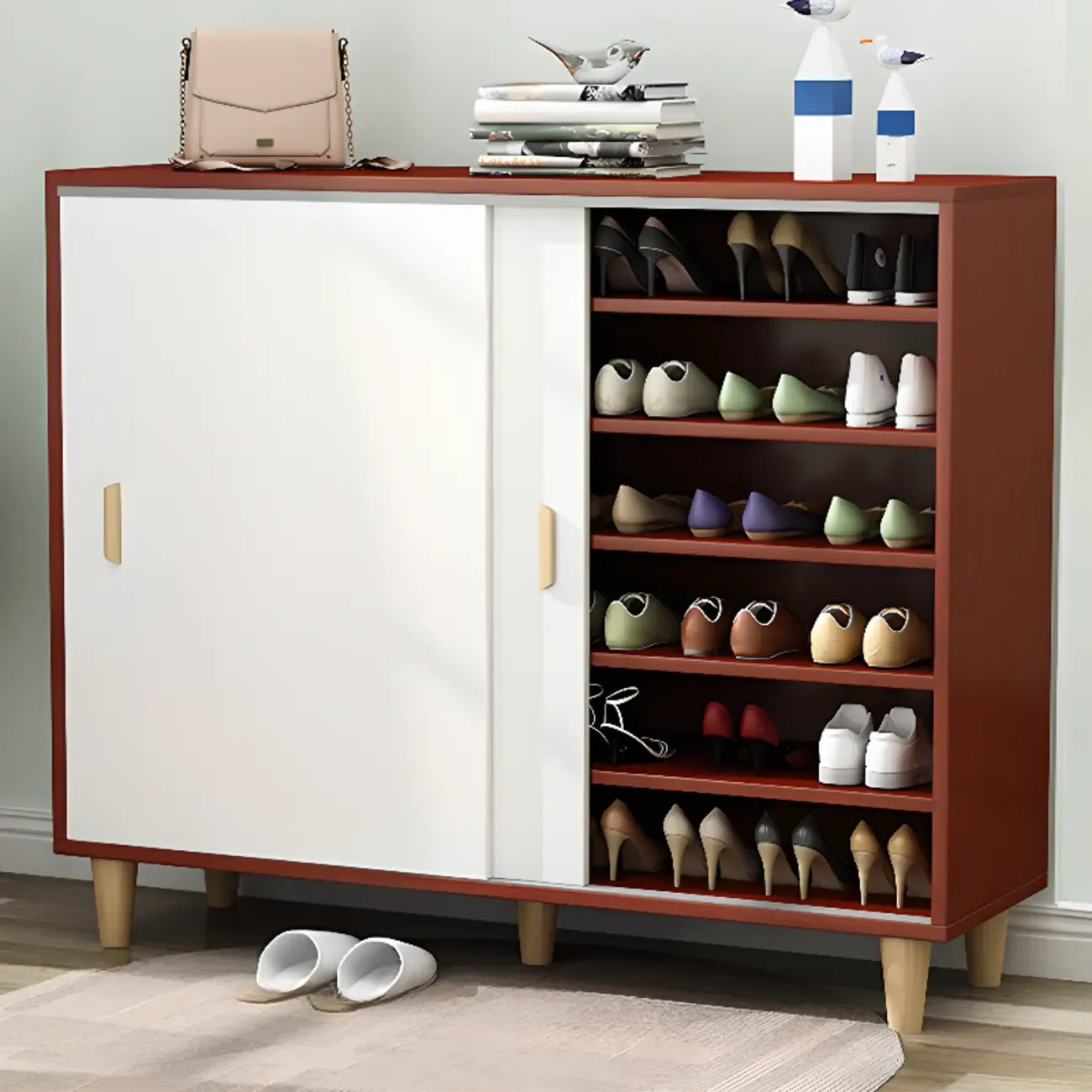 Meuble à chaussures indépendant et spacieux à six niveaux avec porte coulissante en bois