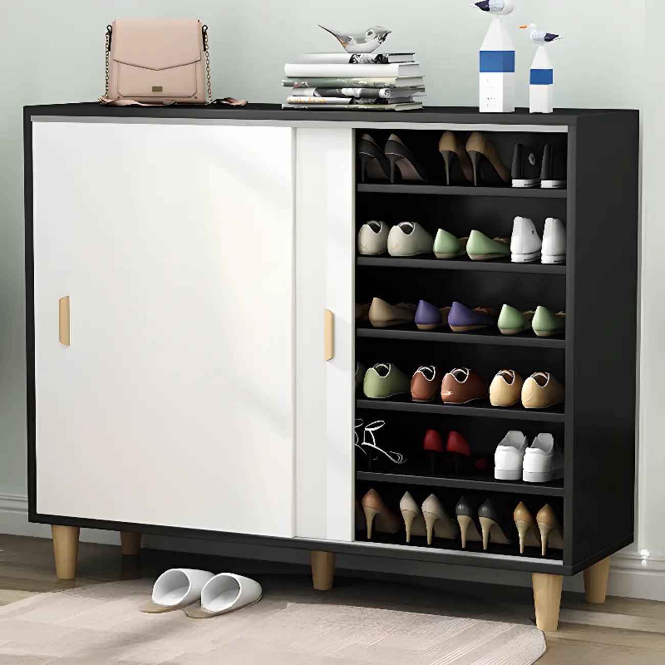 Meuble à chaussures indépendant et spacieux à six niveaux avec porte coulissante en bois